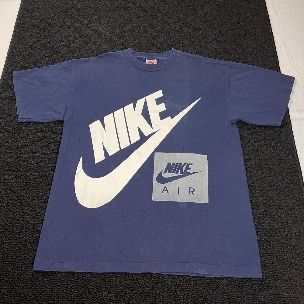Vintage Nike Shirt Mens Large Blue Big Swoosh Air Spell Out Made USA 80s Tee